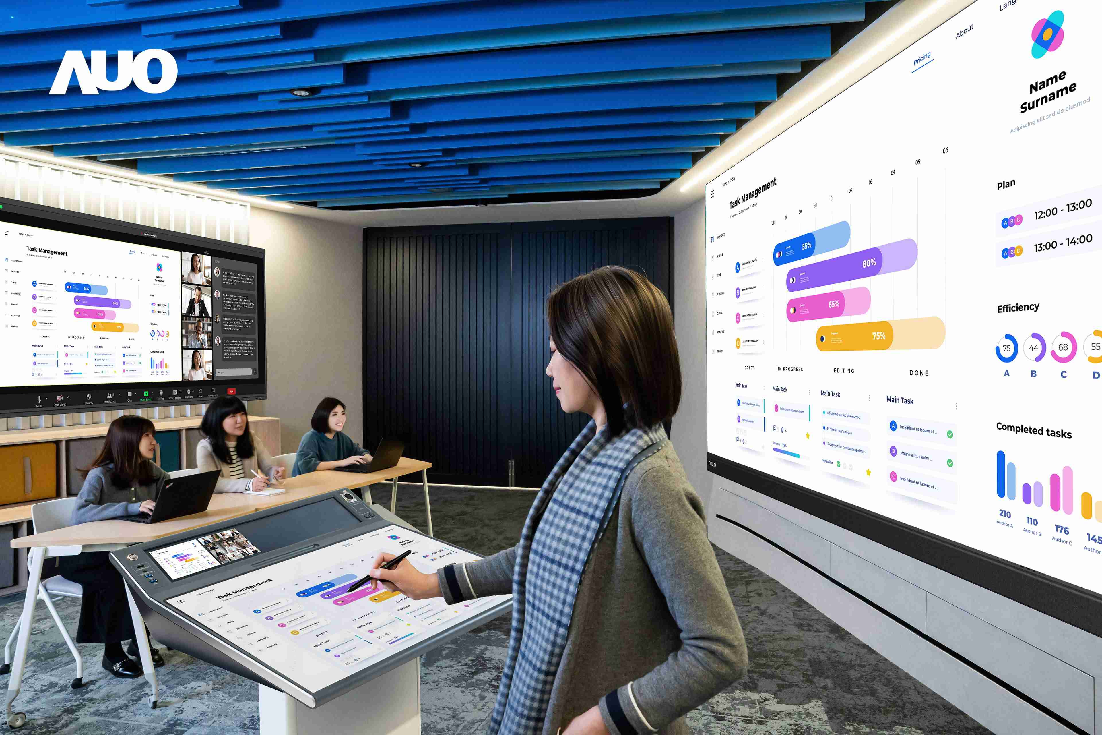 达擎携手Avocor与Rise Vision展示全方位商务领域应用，，包含采用模块化设计的138吋一体式All-in-One LED显示器及具21:9超宽比例的92吋交互式电子白板（IFPD），，，讲者可轻松分享内容，，，有效提升会议协作效率。。。